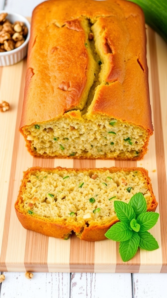 A loaf of golden zucchini bread on a wooden board, sliced to show its moist texture, with walnuts and mint nearby.